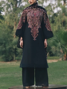 <b>Women</b> Black Embroidered <b>Kurta</b> Palazzo Set Paisley Bell Sleeve High Neck Party Wear Traditional - Product Image 1