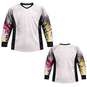 Camiseta de paintball blanca para hombre, diseño de salpicaduras, sublimación, patrón de panal, malla transpirable corta, ropa de equipo, marca personalizada, ajuste cómodo - Product Image 1