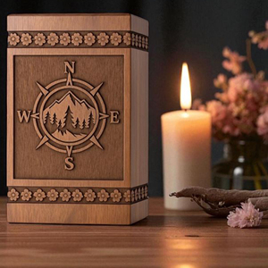 Urna Funeraria de Madera Hecha a Mano: Grabado de Brújula y Montaña, Recuerdo Conmemorativo Personalizado por AYAANS - Product Image 1