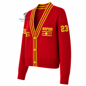 เสื้อคาร์ดิแกนถักไหมพรมสำหรับผู้หญิง NSPDK แบบ V-Neck ติดกระดุมด้านหน้า แขนยาว ลายทาง แต่งขอบยางยืด ปักลายสไตล์ Preppy - Product Image 2