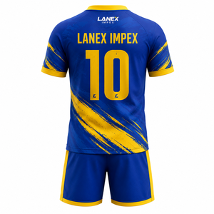 ชุดทีมฟุตบอลสั่งทำระดับมืออาชีพ สีน้ำเงิน-เหลือง เสื้อฟุตบอลและกางเกงขาสั้นเข้าชุด ชุดยูนิฟอร์มพรีเมียมแบบซับลิเมชั่น สำหรับสโมสรฟุตบอล - Product Image 3