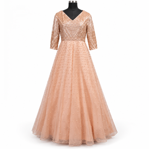 Robe de soirée élégante couleur pêche champagne |   Robe de soirée longue à col en V perlé, manches longues, coupe trapèze, pour fêtes, mariages et événements - Product Image 1