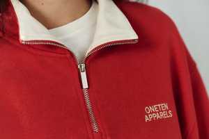 <b>Women's</b> Red Drop Shoulder Quarter Zip Sweatshirt Casual <b>Long</b> <b>Sleeve</b> Turn Down Collar <b>Top</b> - Product Image 5