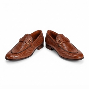 <b>Men</b>’s Brown Crocodile Pattern Loafers with Gold Horsebit Buckle Detail - Product Image 2