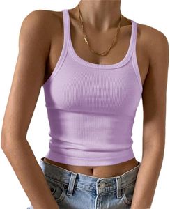 Camiseta sin mangas para mujer, color lavanda, de punto acanalado, cuello redondo, informal, de color liso, transpirable, mezcla de algodón y elastano, de longitud corta - Product Image 1