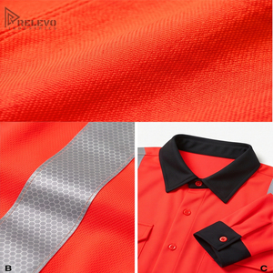 Chemise de travail haute visibilité orange personnalisée OEM, col et poignets contrastants noirs, en piqué de polyester, double poche à rabat, sécurité ANSI/EN - Product Image 5