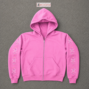 Sudadera con capucha rosa con cremallera y pedrería, estilo streetwear texturizado en relieve, con mangas con cristales multicolor y diseño oversize. - Product Image 5