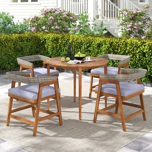 Set da pranzo da giardino a 5 pezzi con cuscini e schienale in rattan PE per uso in giardino e cortile - Product Image 3