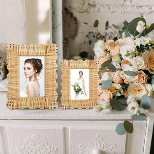 Handcrafted Woven Rattan Photo Frame Scalloped Cane Wicker <b>Picture</b> Frame Tabletop Easel Stand Coastal Boho Home Decor Set - Product Image 6