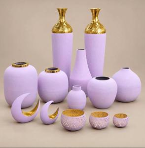 Pastel Lavender Metal Flower Vase Set Gold Hammered Neck <b>Tall</b> Floor Vase Crescent Moon Decor Perforated <b>Candle</b> <b>Holder</b> Set - Product Image 1