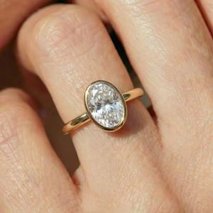 18K Gold 925 <b>Sterling</b> <b>Silver</b> Bezel <b>Set</b> Oval Cut Lab Grown Diamond Engagement <b>Ring</b> - Product Image 3