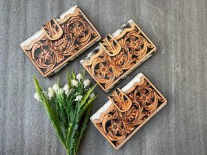 Pochette en cuir de vachette usiné à la main portefeuille à découper sac à main multi-usages portefeuille en cuir véritable porte-cartes à deux volets - Product Image 4