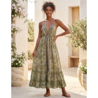 Taille Unique Y2K Bohème Naturel Soie Tissée Indienne Coupe Trapèze Maxi Imprimé Géométrique Coréen Été Col V Sans Manches Fentes Décontractées