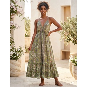 Talla Única Y2K Estilo Boho Natural, Vestido Maxi de Seda Tejida India con Estampado Geométrico, Cuello en V, Sin Mangas, Casual, Antiarrugas, Estilo Coreano para Verano - Product Image 1