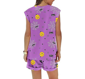 Conjunto de Top y Shorts de Satén 100% Algodón para Mujer, Estilo Casual, Cuello Redondo, Dos Piezas con Bolsillos, para Halloween - Product Image 5