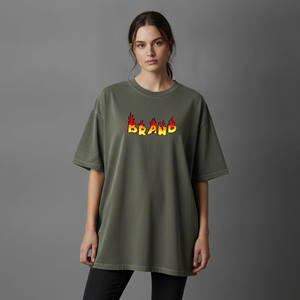 Cheap Price Oversized Women's Olive Green T-<b>Shirt</b> With <b>Flame</b> Logo Print Crew Neck Short Sleeve Loose Fit All Seasons Wear - Product Image 1