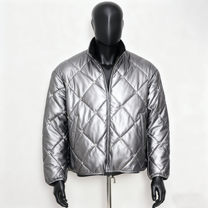 Custom <b>Men's</b> Blue Genuine Leather Distressed Regular <b>Jacket</b> Embossed <b>Checkered</b> Patchwork Design Stand Collar Zipper Closure - Product Image 3