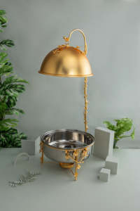 Plat de service de luxe en acier inoxydable avec support floral doré, chauffe-plats de buffet avec couvercle pour événements de mariage et traiteur, fabriqué en Inde - Product Image 4