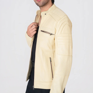 Icon by Gilani <b>Men</b>’s Cream Biker <b>Leather</b> <b>Jacket</b> - Moto Cafe Racer <b>Jacket</b> Cream - Product Image 3