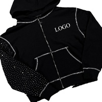 Sweat à capuche zippé noir avec strass pour femme, style streetwear, en polaire longue, imprimé graphique abstrait, surpiqûres contrastées, veste décontractée à capuche