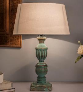 Rustic Wood Table Lamp with Beige Linen Drum Shade Warm White <b>Light</b> for Bedroom Decorative <b>Lighting</b> - Product Image 1