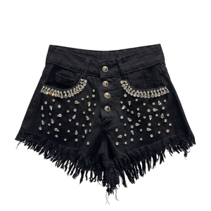 Shorts de Mezclilla Desgastados de Cintura Alta para Mujer, con Adornos de Cuentas, Dobladillo Deshilachado, Estilo Casual Asimétrico de Verano - Product Image 2