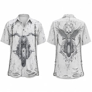 เสื้อเชิ้ตแขนสั้นลำลองผู้ชาย พิมพ์ลายหัวกะโหลกมอเตอร์ไซค์ แต่งโซ่ ชายเสื้อฉีกขาด ผ้าป๊อปลินระบายอากาศ สไตล์ไบค์เกอร์สำหรับฤดูร้อน - Product Image 1