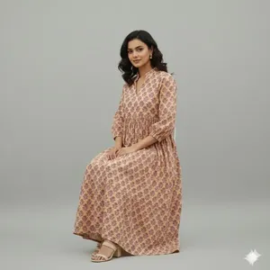 Robe midi en coton à imprimé floral pour femmes, avec manches bouffantes, coupe ample, col en V, robe d'été décontractée avec poches - Product Image 5