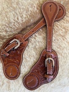 Espuelas de Cuero para Botas, Color Marrón con Diseño Floral, Costuras Blancas, Hebilla Plateada, Equipo de Equitación, Modelo LC-358, Uttar Pradesh - Product Image 2