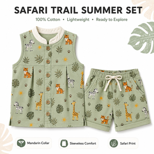 ชุดฤดูร้อน Safari Trail เสื้อแขนกุดและกางเกงขาสั้นผ้าฝ้าย 100% คอจีน ลายสัตว์ สำหรับเด็ก - Product Image 1