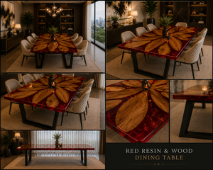 Flower Pattern Dining <b>Table</b> Red <b>Epoxy</b> <b>Resin</b> Wood <b>Table</b> Custom Luxury Dining Room Furniture Modern Home Interior - Product Image 4