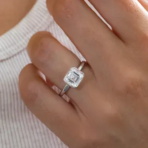 Solid Gold Asscher Cut Engagement <b>Ring</b> Half Bezel Setting <b>Diamond</b> Solitaire <b>Ring</b> White Gold Modern Minimalist Jewelry for Women - Product Image 1