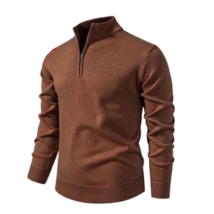 Pull à col montant zippé pour homme, marron, en polyester, décontracté, uni, à manches longues, avec poignets et ourlet côtelés, tricoté - Product Image 1