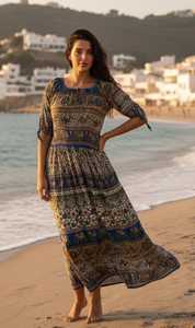 Robe longue brodée florale, col en V profond, manches bouffantes, fente latérale, élégante pour invitées de mariage ou soirées, en coton - Product Image 2