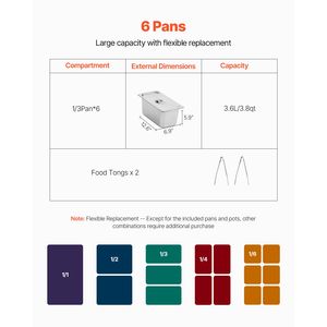 Scaldavivande Elettrico a 6 Vasche con Controllo Manuale della Temperatura 1500W, Tavolo Elettrico Professionale per Buffet e Catering - Product Image 3