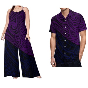 Fashion Casual Couple <b>Set</b> Polynesian Plus Size Clothing Cozy Polyester Cotton Samoan Women Romper Men Button Tops Shirt Two <b>Sets</b> - Product Image 1