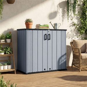 Armadio da Giardino Orizzontale in PP HDPE Grigio da 23,5 Piedi Cubi con Porta Chiudibile a Chiave per Attrezzi da Esterno - Product Image 2