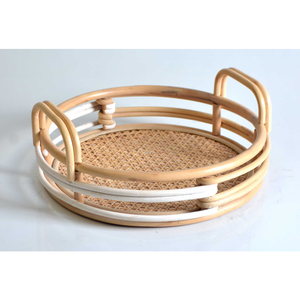 Premium Round Rattan Tray with Handles Decorative Cane Webbing Platter Modern White <b>Wrapped</b> Wicker for <b>Kitchen</b> and Dining - Product Image 1