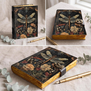 Carnet en cuir Libellule fait main, motif botanique floral, avec fermoir antique, pour écriture, cadeau pour les amateurs de jardin et de nature - Product Image 5