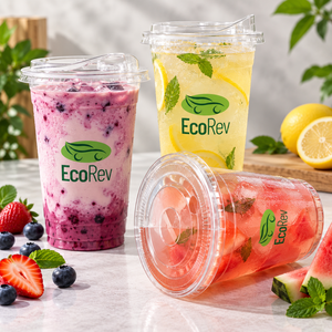 Gobelet en plastique transparent EcoRev PP/PET avec couvercle, forme ronde, logo feuille verte imprimé en sérigraphie, modèle ECO38 pour boissons - Product Image 5