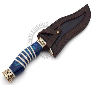 Couteau Bowie en acier Damas fait main, neuf, lame fixe, couteau de chasse, couteau de camping en plein air avec manche en bois et os laiton - Product Image 5