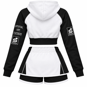 <b>Women</b>’s Custom Crop White Black Hoodie Skirt <b>Shorts</b> Set 3 Piece Sportswear Tracksuit Set Custom Logo Casual Athletic Clothing - Product Image 4