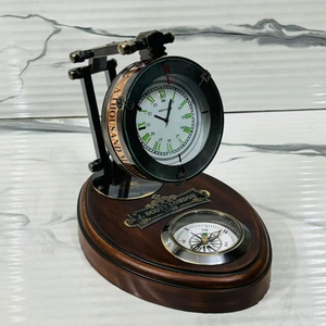 นาฬิกาตั้งโต๊ะทองเหลืองโบราณสไตล์วินเทจ พร้อมเข็มทิศในฐานไม้ จาก OLD WORLD TREASURE HANDICRAFTS - Product Image 1