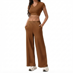 Women's Yoga <b>Set</b> Crew Neck Ribbed Short Sleeve Crop Top Wide Leg Pants <b>Two</b> <b>Piece</b> Tracksuit Casual Brown <b>Lounge</b> <b>Set</b> Quick Dry - Product Image 1