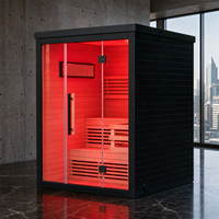 Ruang Sauna Hemlock Indoor Steam Square Sauna 2 Orang Berbahan Kayu Hitam dengan Pemanas Kayu Bakar OEM Villa dengan Terapi Cahaya Merah Opsional dan Smart WiFi