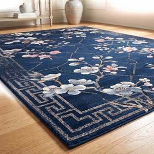 Tapis en laine bleu marine à motif floral botanique, motif de branche fleurie, tapis tufté à la main, antidérapant, écologique, luxe, salon, hôtel - Product Image 2