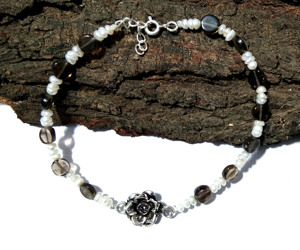Natural Freshwater Pearl & Smoky <b>Quartz</b> <b>Bracelet</b> 925 Sterling Silver <b>Rose</b> Charm <b>Bracelet</b> Handmade Gemstone Jewelry for Women - Product Image 2