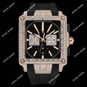 Reloj Cuadrado de Oro Rosa con Diamantes, Correa Negra, Estilo Cronógrafo de Lujo, Accesorio de Muñeca Premium - Product Image 3