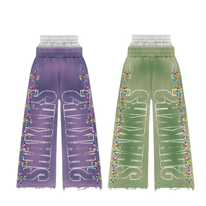Pantalon de survêtement Ibex personnalisé en coton épais 100% délavé à l'acide, à double taille, évasé, avec strass, coupe ample et jambe droite - Product Image 2