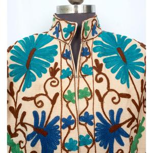 Handmade Floral Embroidery Quilted Cotrise Fabric <b>Jacket</b> Button Detail Cotton Stripe Lining Breathable Eco-Friendly Thick Winter - Product Image 2